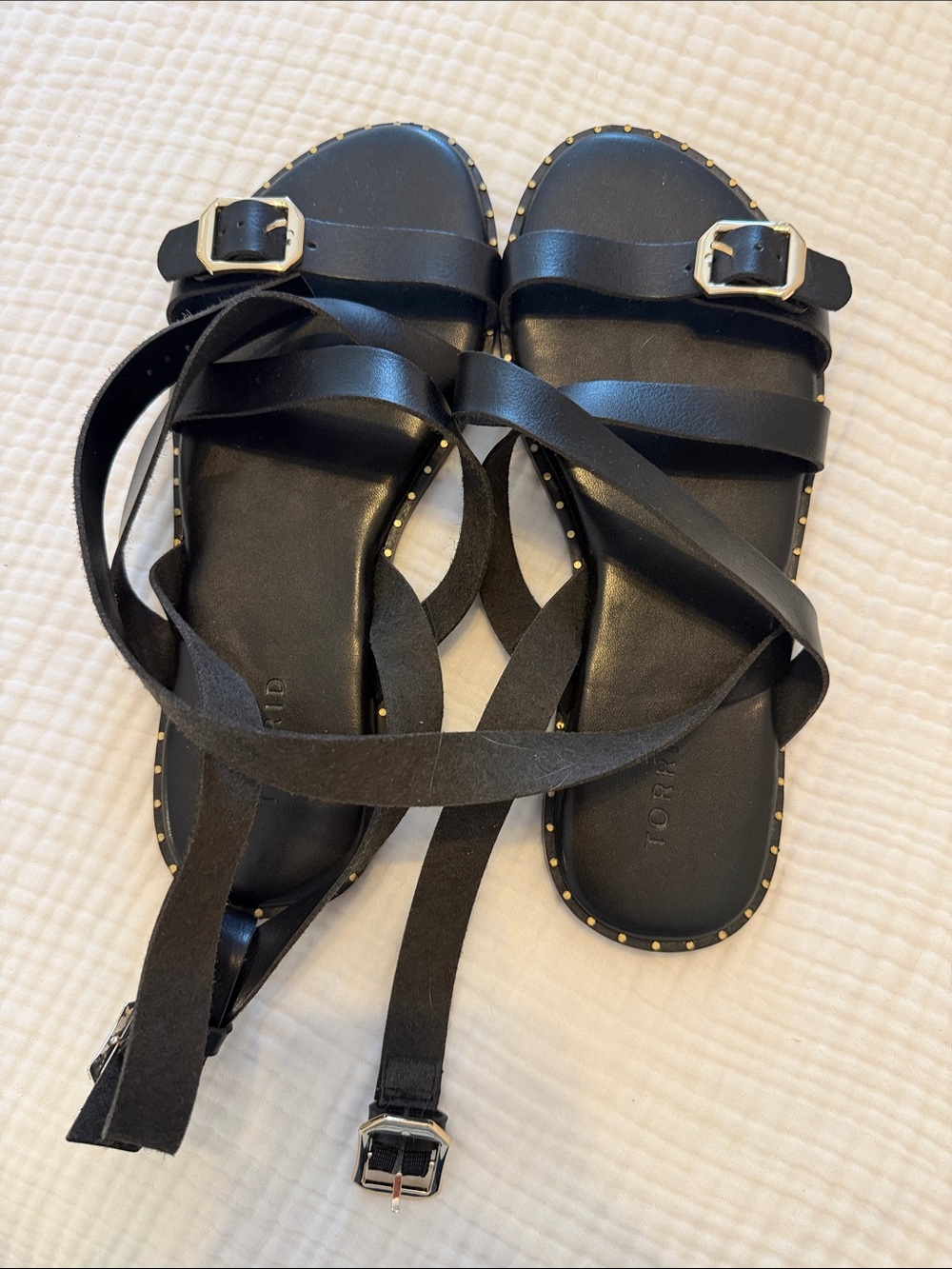 Torrid Black Leather Strappy Sandals with Gold Buckles